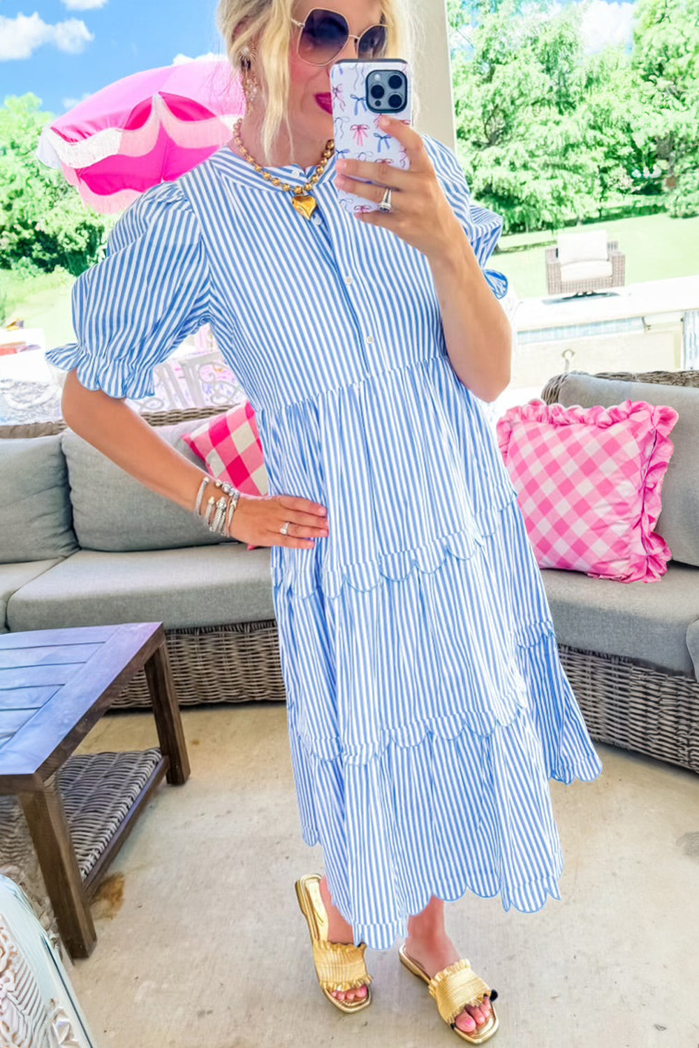 Sky Blue Stripe Bubble Sleeve Scallop Tiered Dress