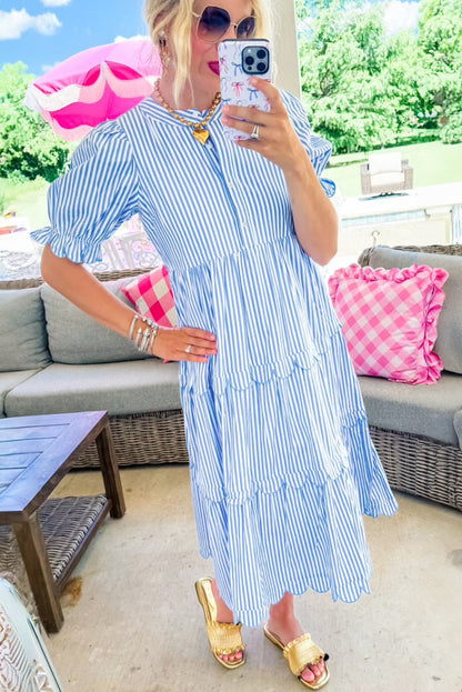 Sky Blue Stripe Bubble Sleeve Scallop Tiered Dress