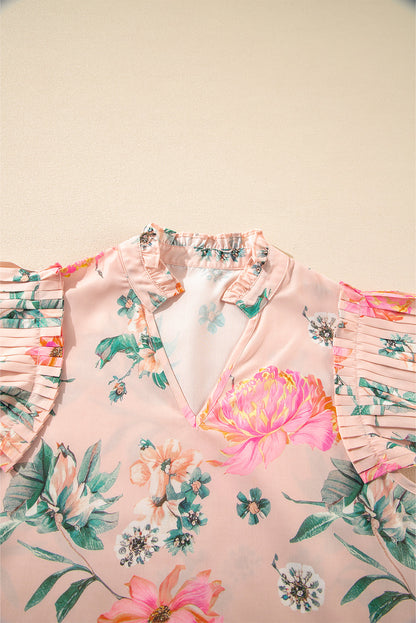 Pink Floral Print Frill V Neck Pleated Sleeve Blouse