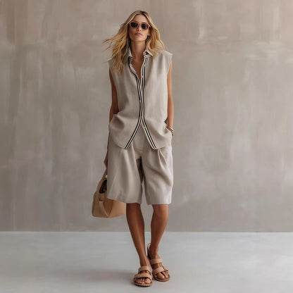Women's Linen Shirt and Shorts Set – Sleeveless Summer Two-Piece