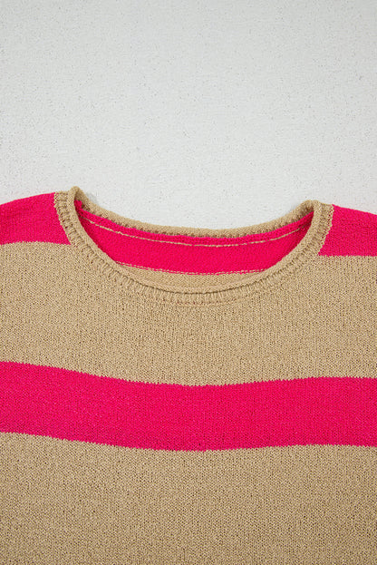 Pink Stripe Colorblock Short Sleeve Crew Neck Lightweight Sweater