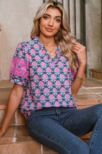 Sachet Pink Frill V-Neck Abstract Print Puff Sleeve Top
