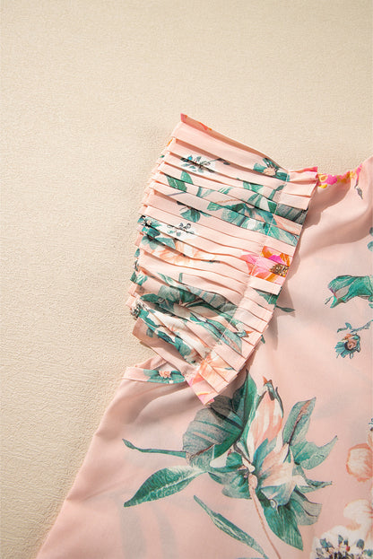 Pink Floral Print Frill V Neck Pleated Sleeve Blouse