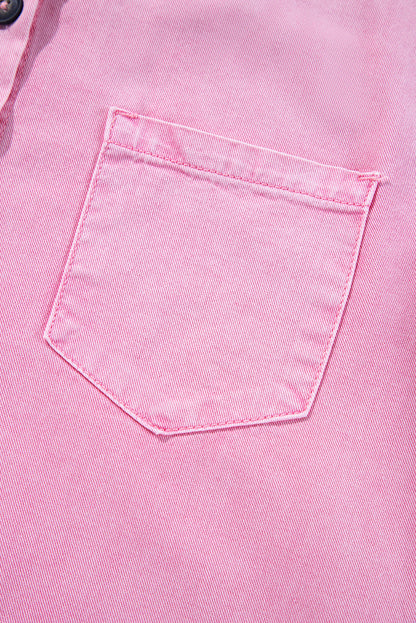 Pink Double Chest Pocket Denim Shirt Dress