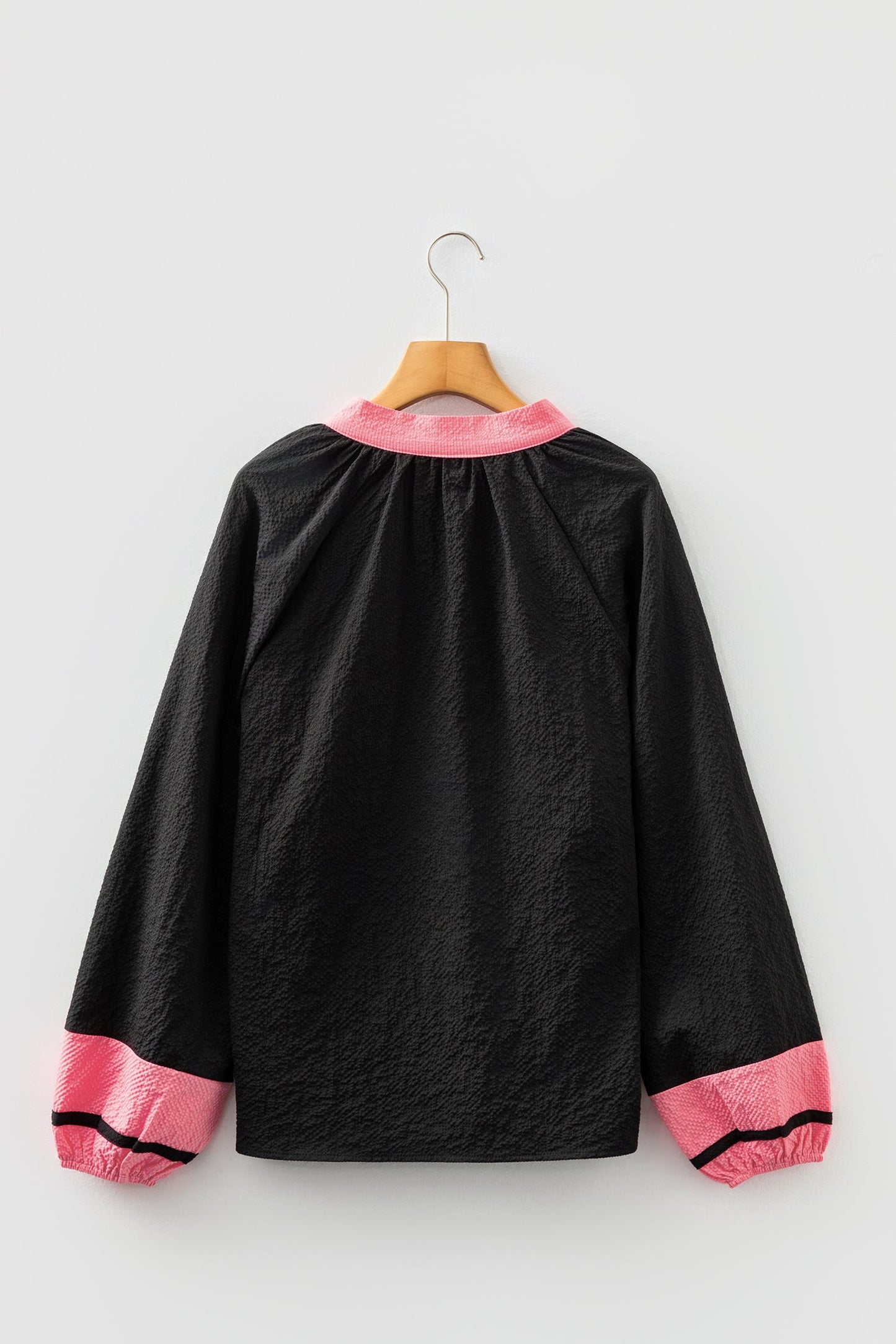 Black Color Block Patchwork Detail V Neck Textured Long Sleeve Blouse