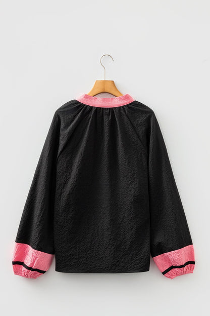 Black Color Block Patchwork Detail V Neck Textured Long Sleeve Blouse