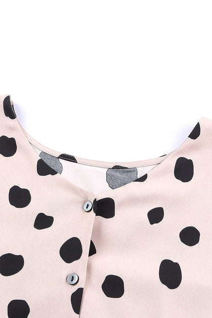 Dotted Buttoned V-Neck Frilled Puff Sleeve Blouse