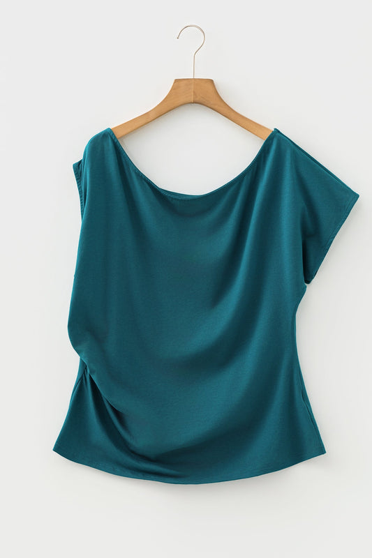 Plus Size Solid Asymmetric Neck Short Sleeve Blouse