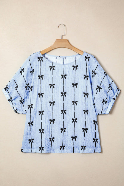 Bow Textured Short Puff Sleeve Top