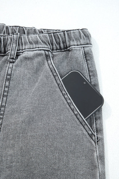 Prussian Blue Drawstring Seam Detail Raw Hem Wide Leg Denim Pants