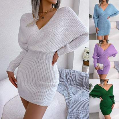 Cross V-Neck Bat-Sleeve Hairy Dress – Autumn/Winter