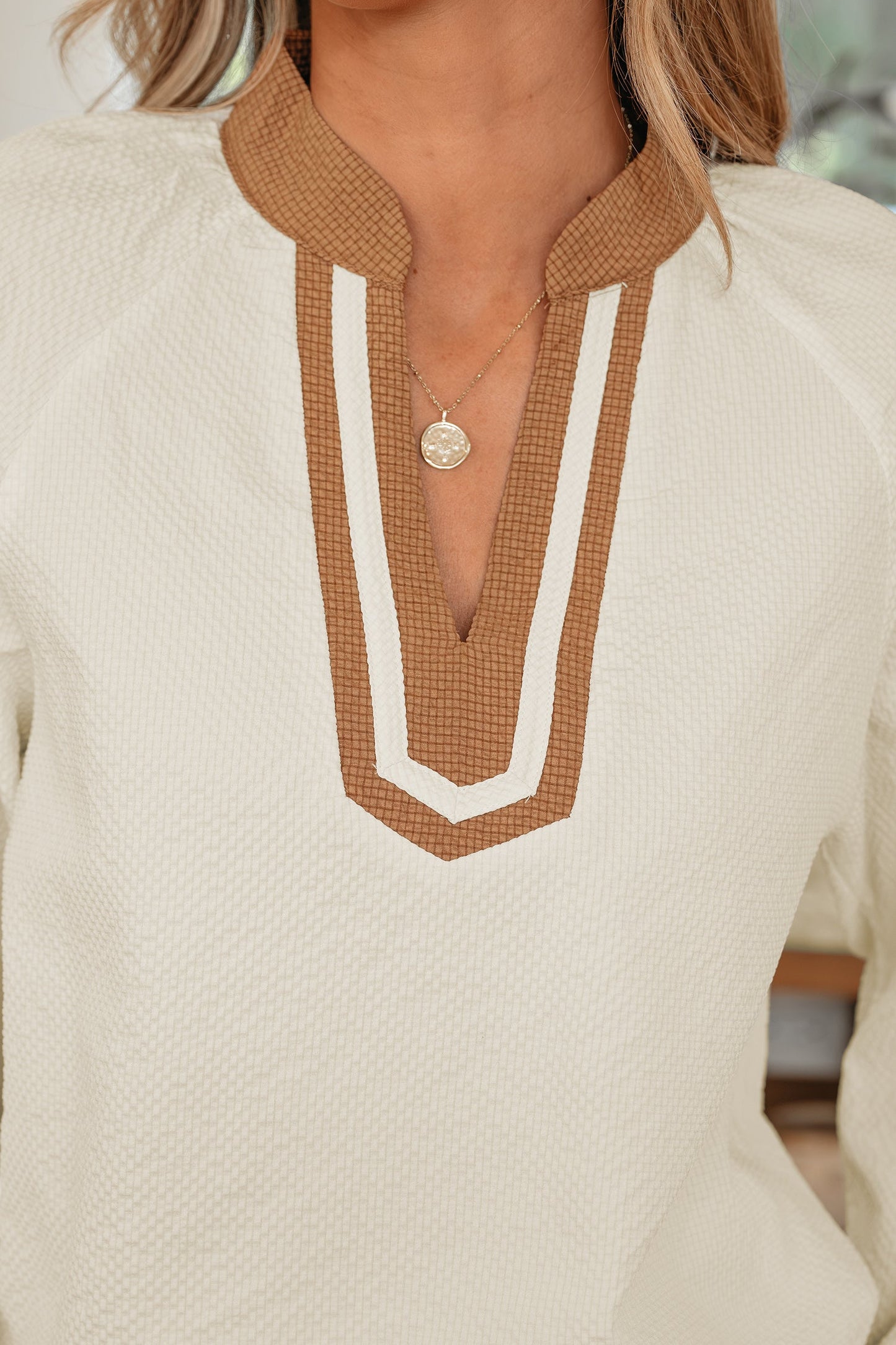 Black Color Block Patchwork Detail V Neck Textured Long Sleeve Blouse
