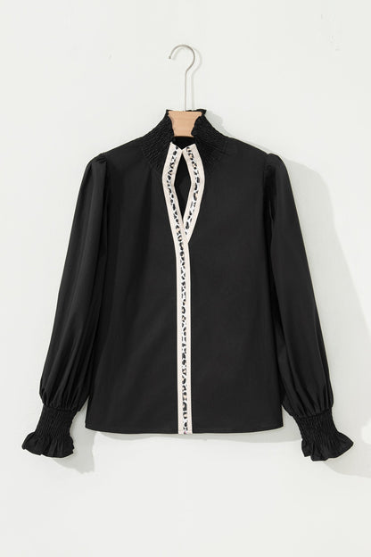 Black Puffy Flounce Sleeve Leopard Trim V Neck Blouse
