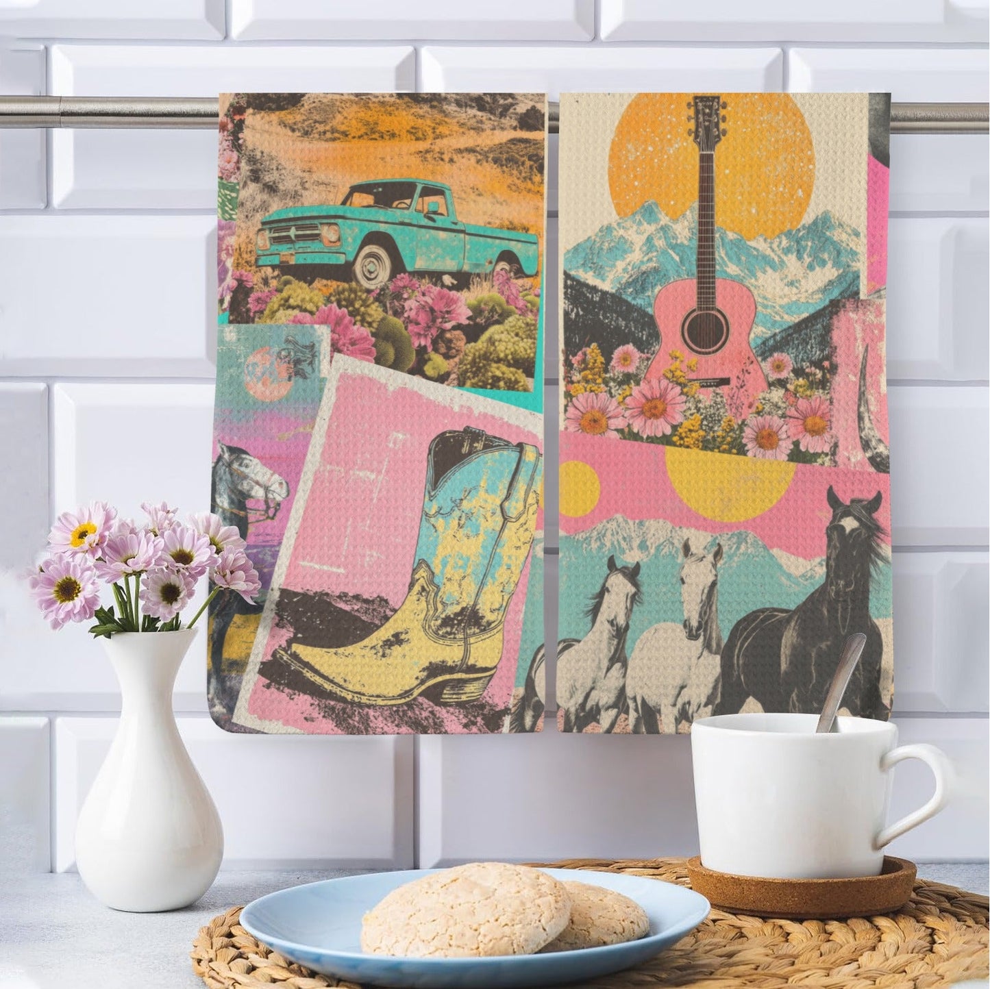 Retro Pop Western set of 2 Kitchen Dish Towels Made in America