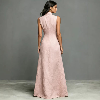Women's Stand-Collar Single-Breasted Sleeveless Midi Dress