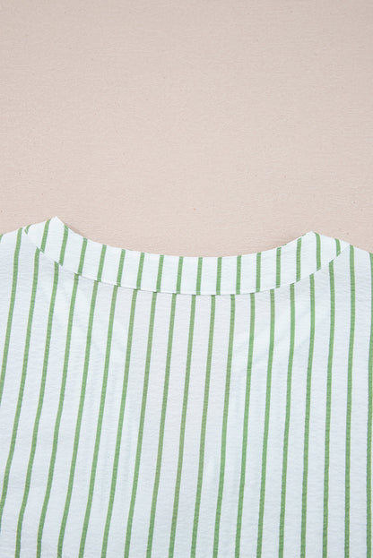 Green Stripe Flower Puff Sleeve Notched V Neck Babydoll Blouse