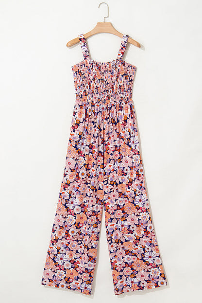 Black Floral Square Neckline Stretch High Waist Jumpsuit