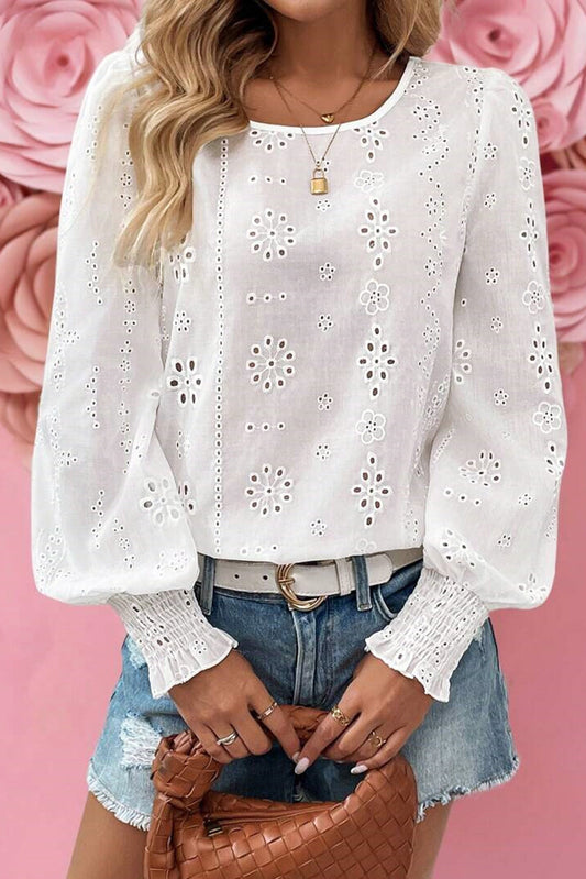 White Eyelet Embroidered Smocked Cuffs Blouse