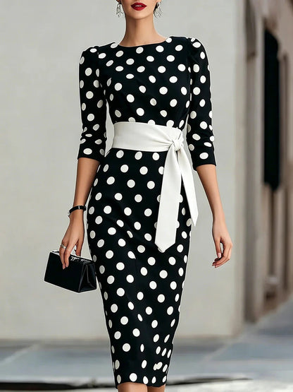 Women's Retro Polka-Dot Bodycon Midi Dress – Belted Cross-Tie