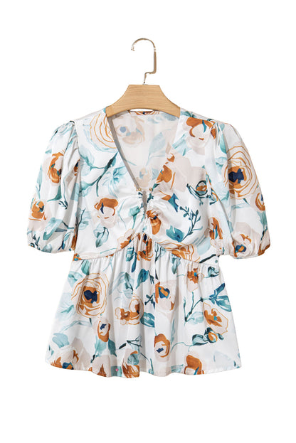 Green Floral Print Puff Sleeve V Neck Babydoll Blouse