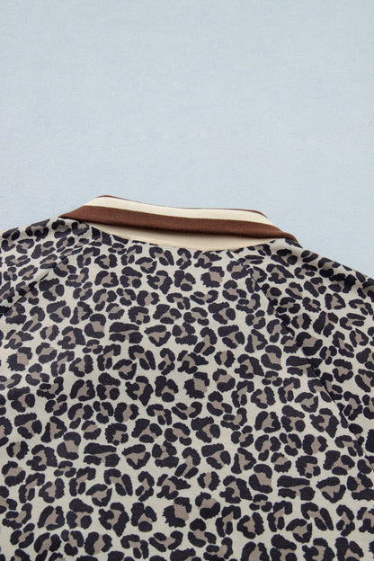 Khaki Leopard Print Half Zip Striped Trim Patchwork Short Sleeve Top