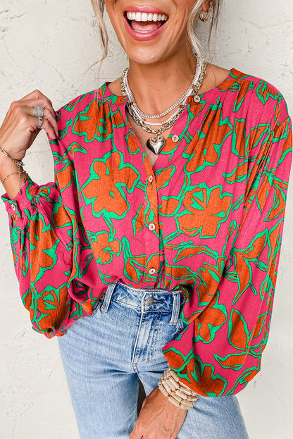 Blue Floral Print Batwing Sleeve Buttoned Loose Fit Shirt