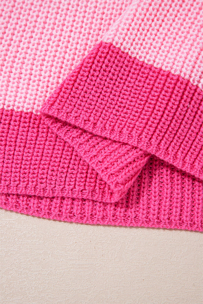 Pink Color Block Notch V Neck Sweater T Shirt