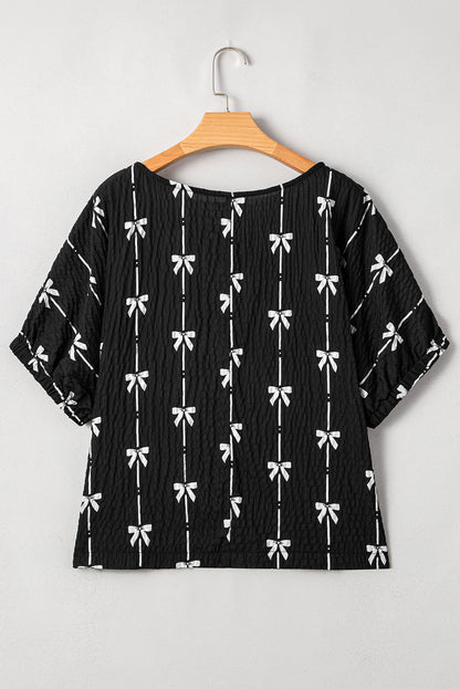 Bow Textured Short Puff Sleeve Top
