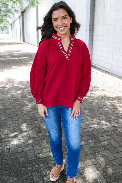 Racing Red Leopard Jacquard Print V Neck Textured Blouse