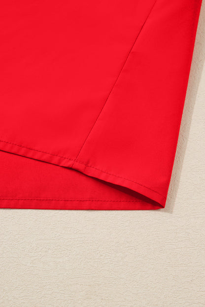 Fiery Red Striped Trim Ruffle Split Neck Long Sleeve Blouse