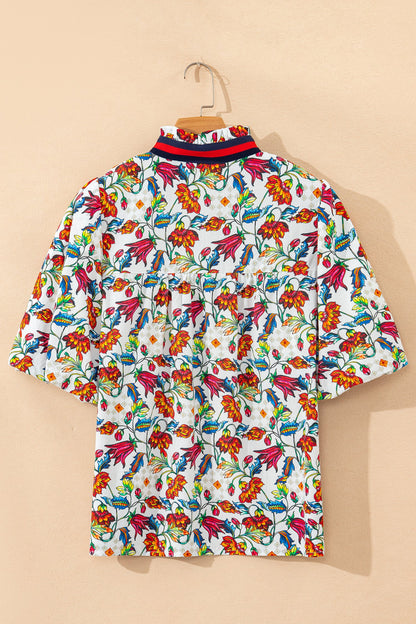 Floral Contrast V-Neck Puff Sleeve Blouse