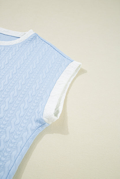 Beau Blue Contrast Trim Textured Crewneck Top and Pocketed Skirt Set