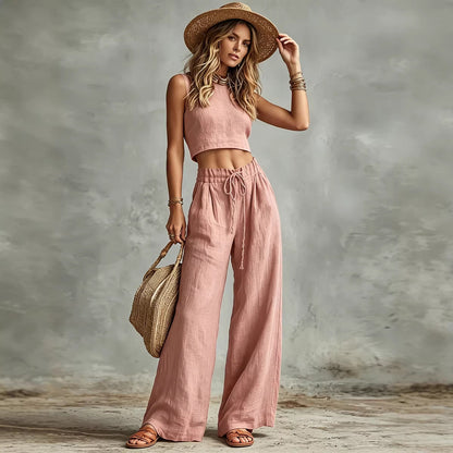 Women's Sleeveless Vest & Drawstring High-Waist Wide-Leg Pants Set