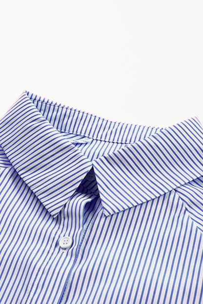 Blue Stripe Striped Casual Shirred Cuffs Shirt