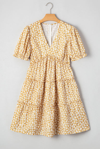 Yellow Floral Short Sleeve V Neck Frill Tiered Mini Dress