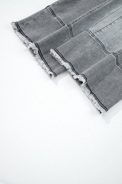 Prussian Blue Drawstring Seam Detail Raw Hem Wide Leg Denim Pants