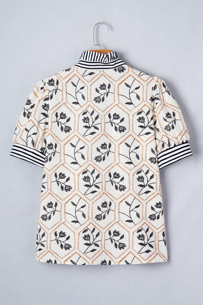 Floral Stripe Patchwork Ruffle Buttoned Short Sleeve Blouse