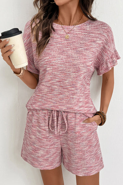 Light Pink Heather Textured Ruffle Sleeve Top and Drawstring Shorts Set