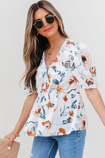 Green Floral Print Puff Sleeve V Neck Babydoll Blouse