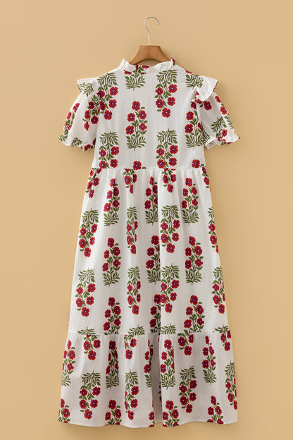 White Floral Print V Neck 3/4 Sleeve Loose Mini Dress