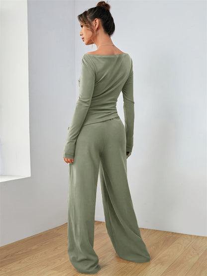 Casual Long Sleeve Top & Wide Leg Pants Set