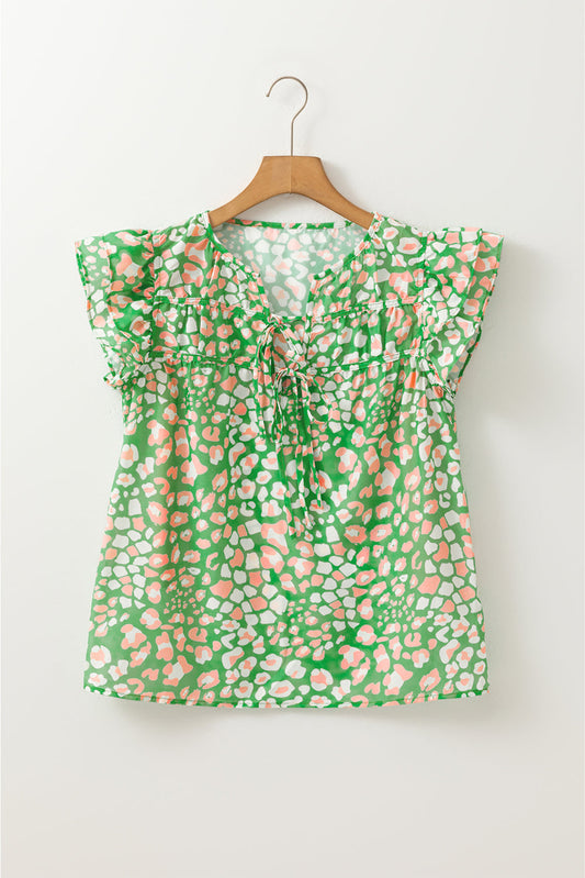Abstract Leopard Tie Front Flutter Sleeve Blouse