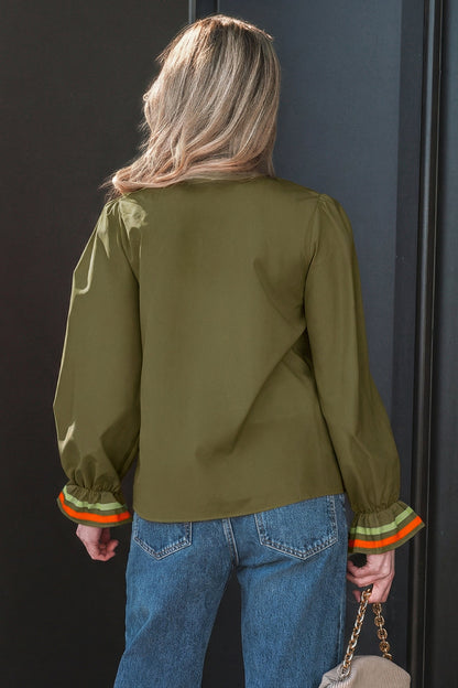 Stripe Trim Ruffle Split Neck Long Sleeve Blouse
