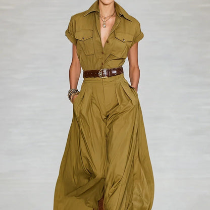 Women's Short-Sleeve Shirt Maxi Dress With Pockets – A-Line Stand Collar