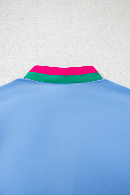 Sky Blue Puff Sleeve Pop of Color Neckline Blouse