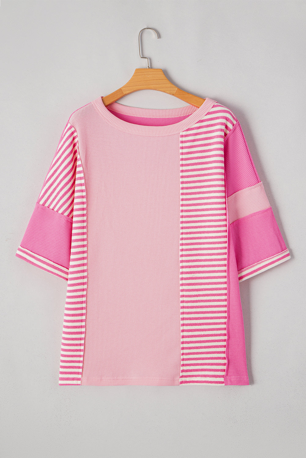 Pink Stripe Waffle Patchwork Loose T-Shirt