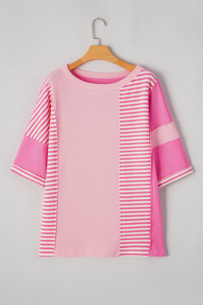 Pink Stripe Waffle Patchwork Loose T-Shirt