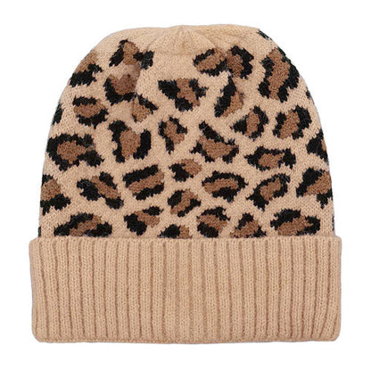 Cozy Leopard Patterned Ribbed Knit Cuff Beanie Hat