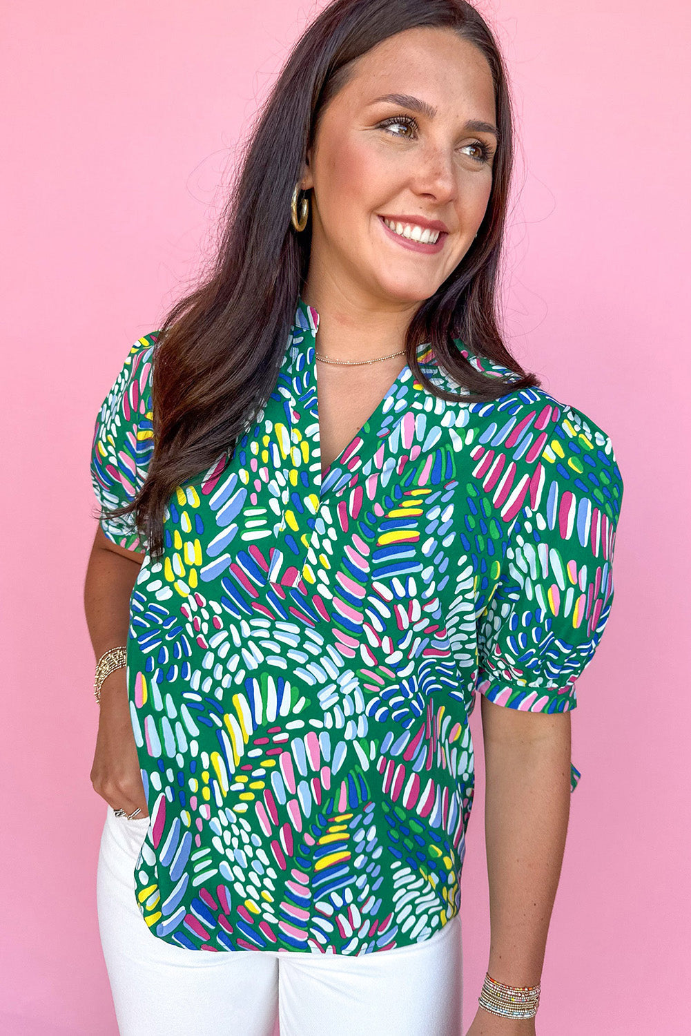 Green Geometric Print Puff Sleeve Notched Neck Blouse
