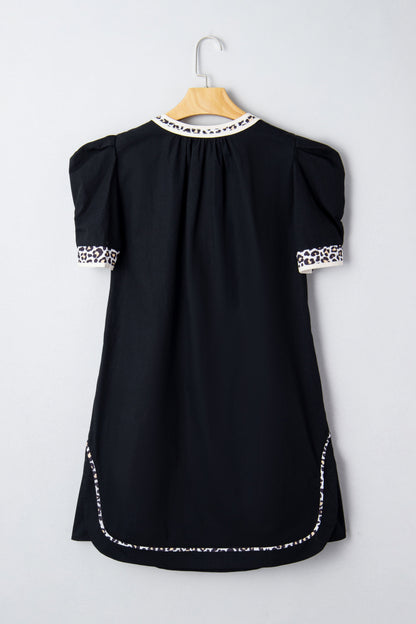 Black Leopard Trim Notched Neck Short Puff Sleeve Shift Mini Dress